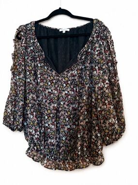 Max Studio Black Floral V-Neck Peasant Blouse